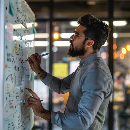 A businessman in a modern office, writing innovative ideas