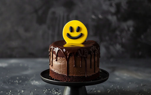 Yellow smiling cake with dripping chocolate, dark grey background