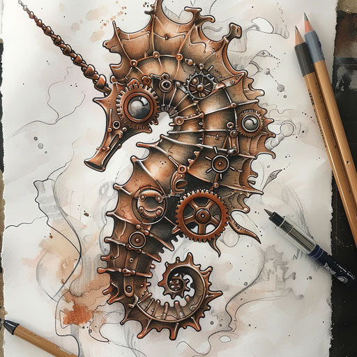 Steampunk seahorse tattoo sketch with gears and pipes