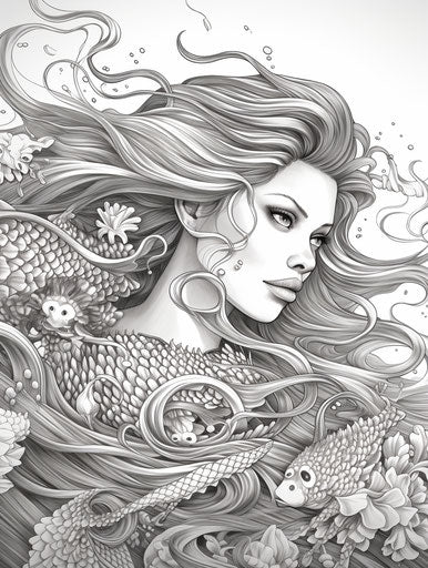 Mermaid coloring page with seashells and waves