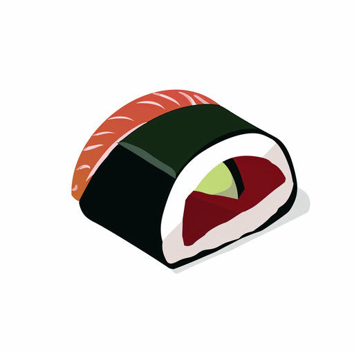 Icon of sushi on white background, dark red and green