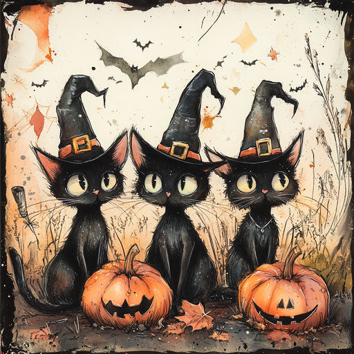 Three black cats in witches' hats and Halloween decorations