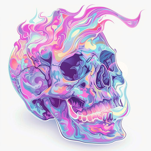 Flame on skull in Lisa Frank style, light purple and aquamarine
