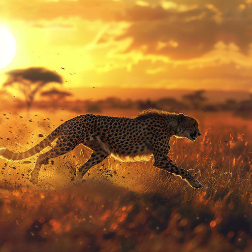 Cheetah racing against the wind at sunset on the African savannah