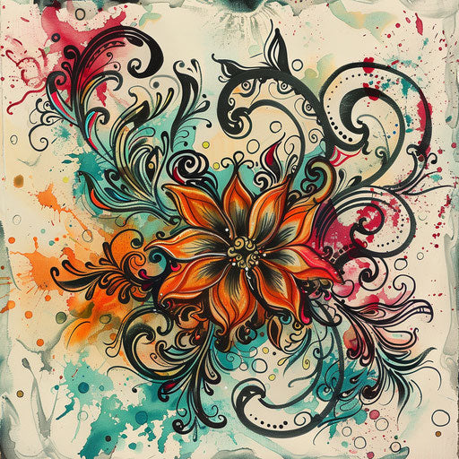 Impressionistic tattoo sketch of summer henna motifs with loose, expressive paintwork