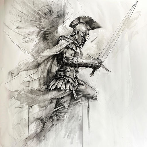 Angelic warrior tattoo design - guardian angel in battle attire on white canvas
