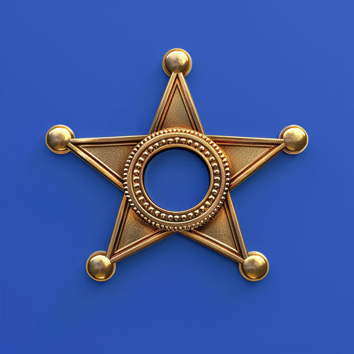 Realistic sheriff badge on flat royal blue background