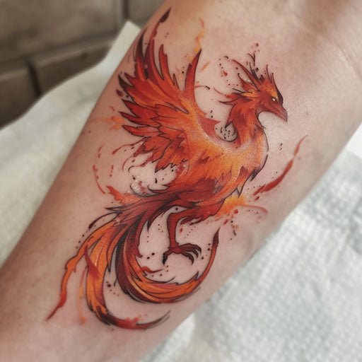 Fiery phoenix curse mark tattoo symbolizing rebirth in bright oranges and reds