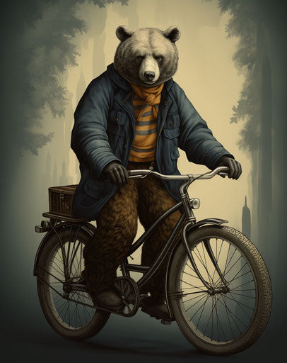 Bear on bicycle illustrated, surreal elements, graphic linework
