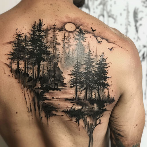 Men's cool tattoos with abstract forest on shoulder