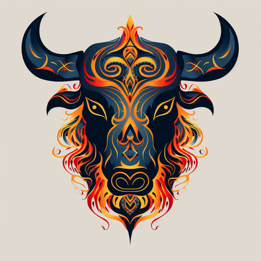 Bull in stylized tribal designs, precisionist art style
