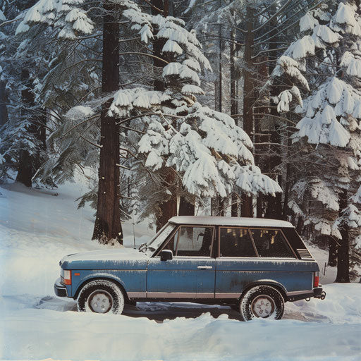 Winter landscape with a 1980 Range Rover and snow chains
