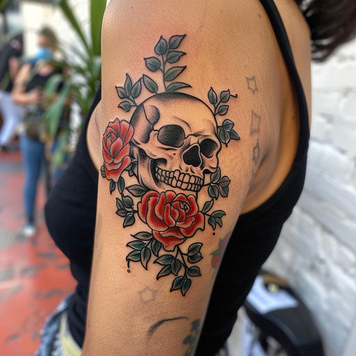 Bicep tattoo of a classic skull and roses