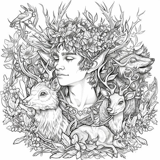 Forest elf surrounded by animals and lush vegetation