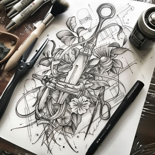 Cultural flat tattoo sketch of a barber's tools with traditional Japanese motifs