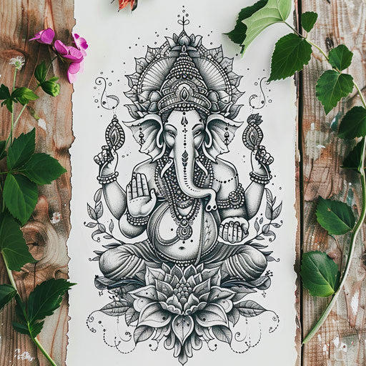 Nature-inspired tattoo sketch, clipart style with leafy greens and floral accents