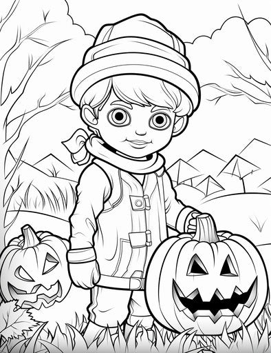 Child picking pumpkin by grassy field