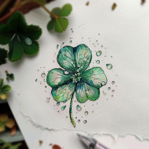 Detailed sketch of a 4 leaf clover with realistic dewdrops