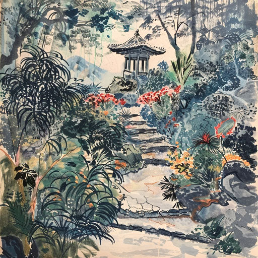 Impressionistic sketch of oriental garden with loose paintwork
