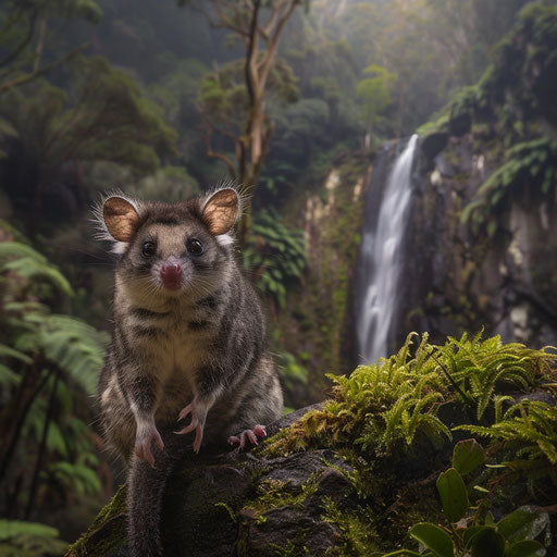 A small pygmy possum on a mossy rock, with a waterfall in the background