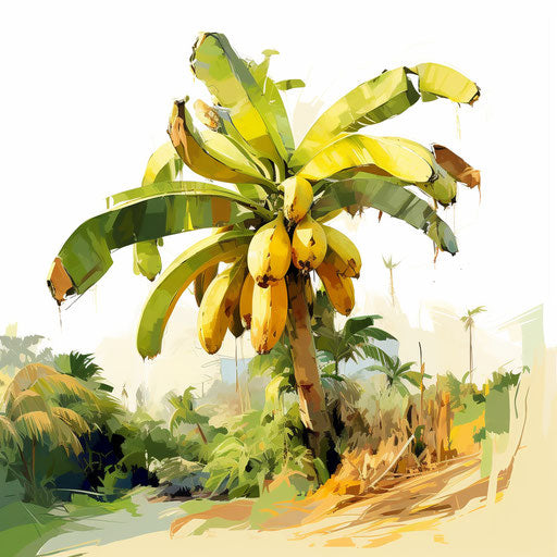 Illustration of a banana tree in the style of Impressionistic Art, on a white background