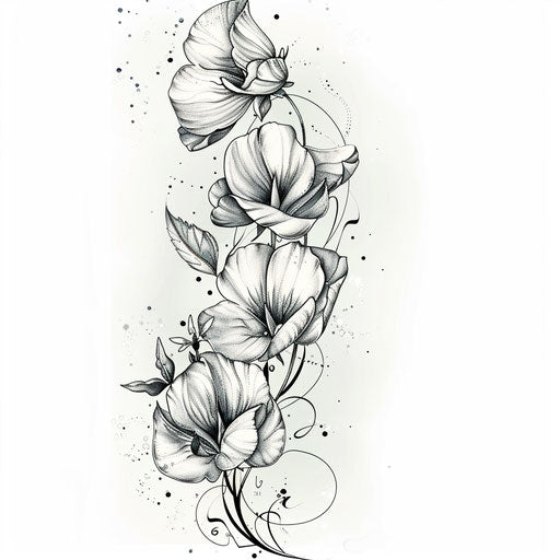 Fantasy tattoo sketch of a sweet pea with magical elements and shimmering silver accents
