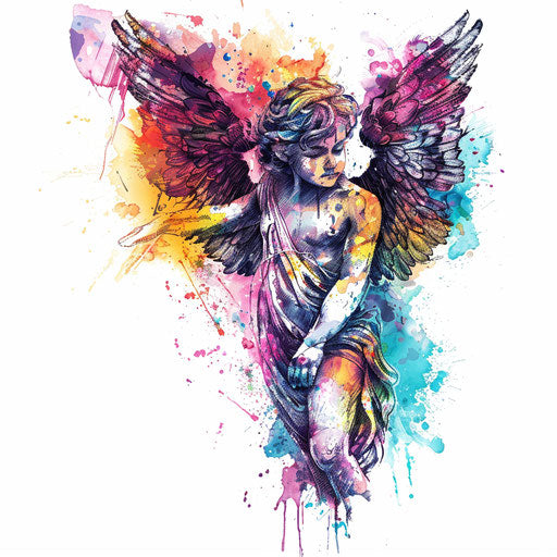 Vibrant cherub tattoo design with watercolor effects