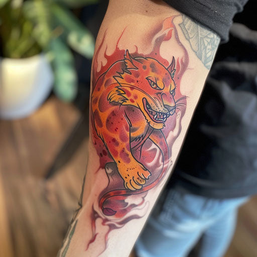 Red and orange flaming panther tattoo on white background