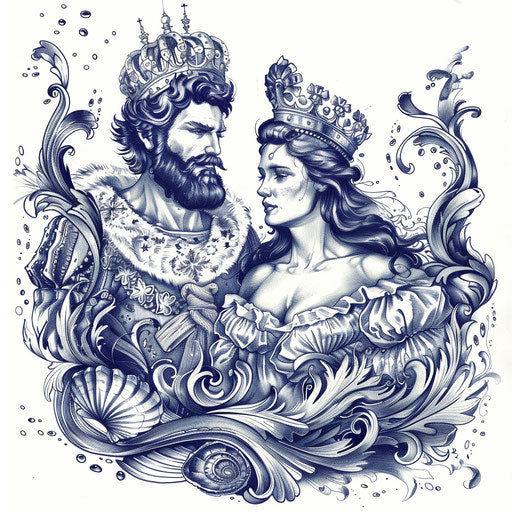 King and queen of the sea, nautical tattoo sketch