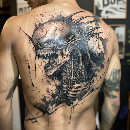 Lower back tattoo of an alien, in the style of Humberto Ramos