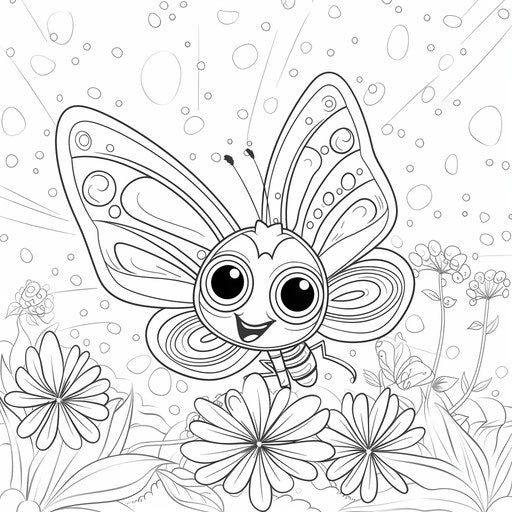Cute butterfly character in a playful, cartoon style. Coloring book page