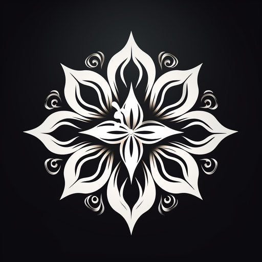 Black and white tribal flower tattoo design, UHD image style, screen printing, ryky, RTX on, recycled, color gradient, antique subjects
