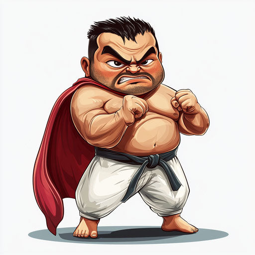 Humorous caricature of a karate clipart with human characteristics, thin lips, small feet, cape, vibrant colors, cartoon style, winking, high-resolution, no background, isolated