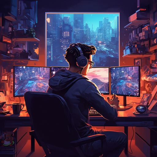 Focused gamer under vibrant LED lighting