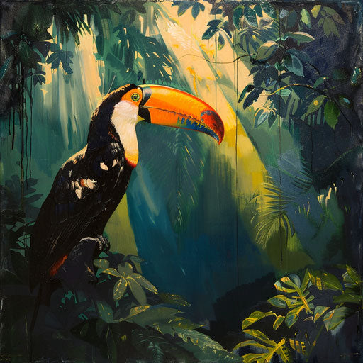 The striking profile of a toco toucan in the deep green jungle