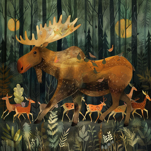 A moose leading a parade of forest animals through the woods