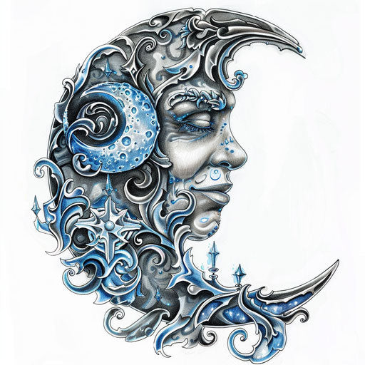 Mystical half moon with face among mystic symbols