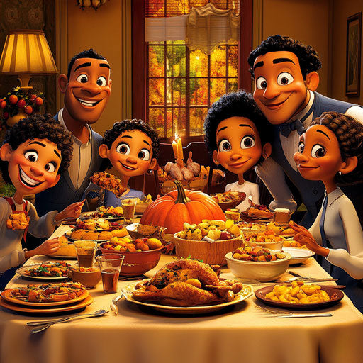 Cartoon family at Thanksgiving dinner table