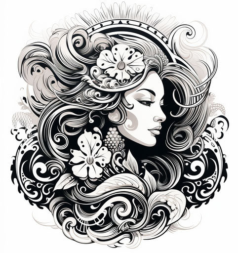 Polynesian tattoo illustration in black and white with futuristic Victorian design and Art Nouveau curves