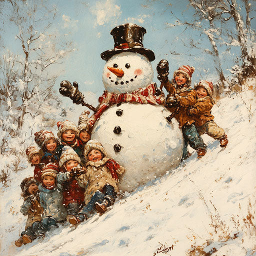 Snowman on a snowy hill with elated children ready to sled