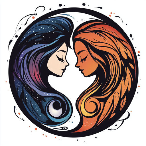 Cute couple tattoo sketch, clipart style, yin-yang symbol halves