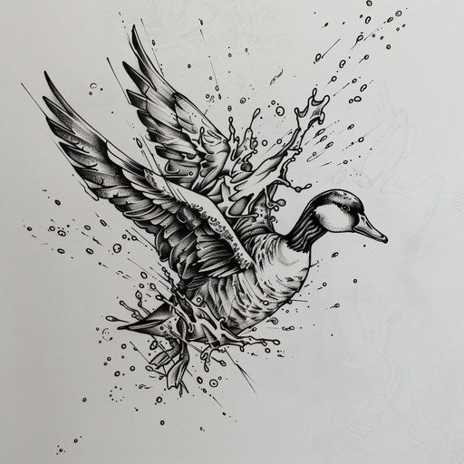 Dynamic sketch of a goose landing with abstract water splashes