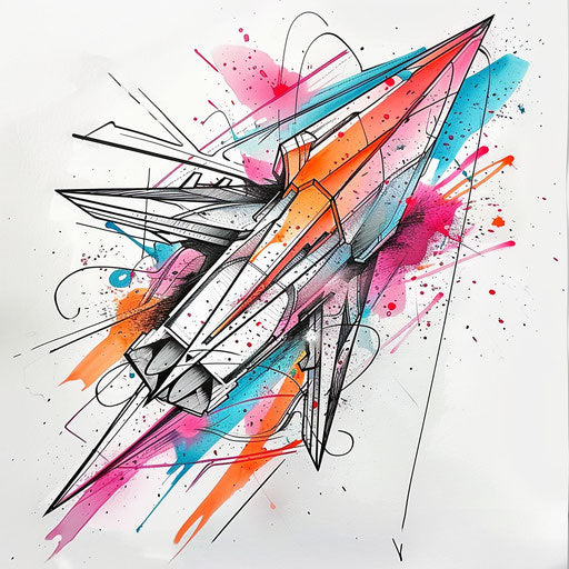 Bold tattoo sketch of a paper airplane with graffiti style splatters and vibrant hues