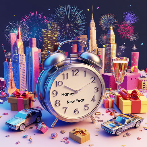 Clock surrounded by New Year's elements and champagne