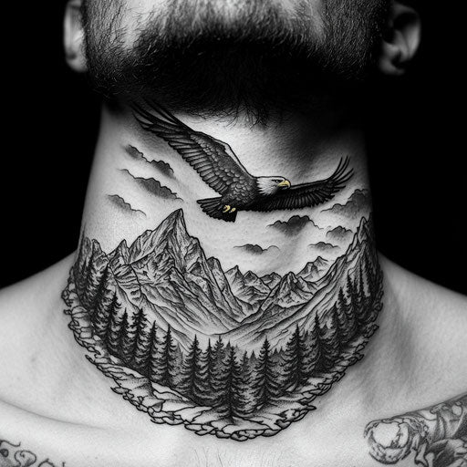 Throat tattoos for men with an eagle soaring above mountains.