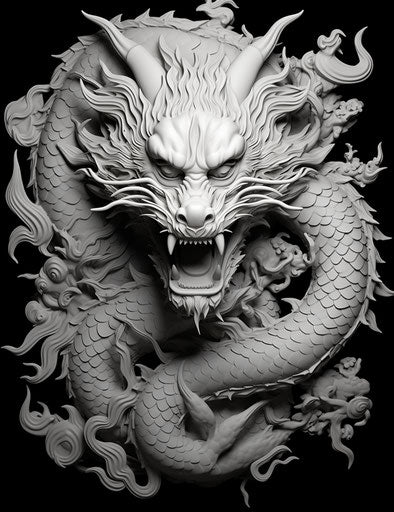 Chinese dragon in realistic yet stylized black and white style
