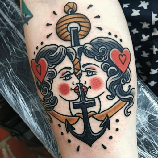 Traditional sister tattoos with anchors and hearts