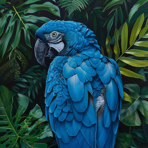 Striking contrast of a Spix's macaw's blue plumage against the deep greens of the rainforest