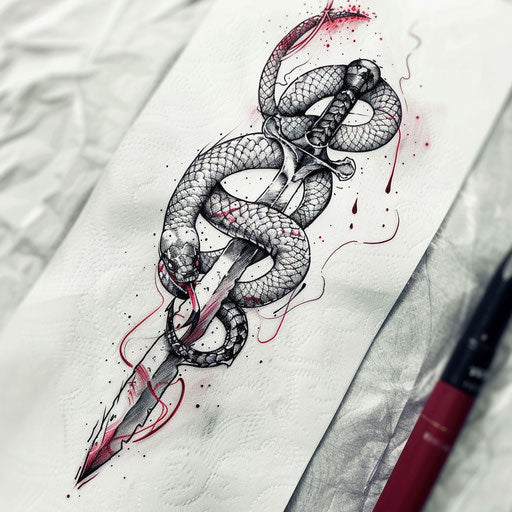 Sketch of a snake coiled around a dagger tattoo