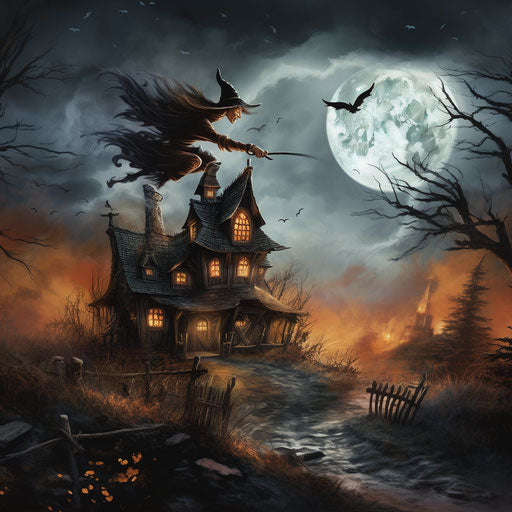Witch on broom in front of moon and scary house